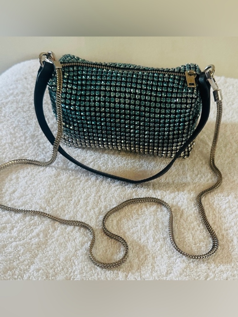 Embellished Evening Bag Teal & Clear Crystals Black Handle w/Silver Chain Strap